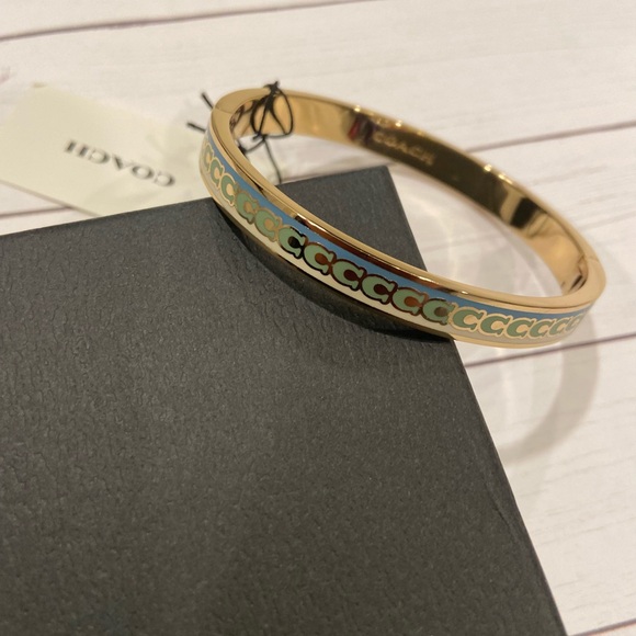 NWT! Authentic Coach bangle bracelet in gold, soft green and blue. Coach logos - Picture 7 of 8